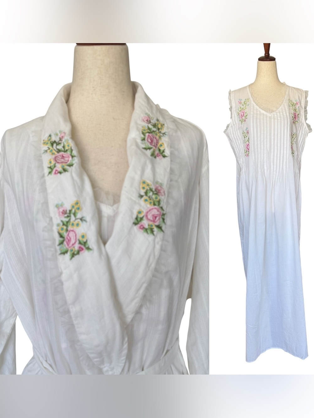Vintage NWT April Cornell Annette White Cotton Embroidered Nightgown Robe Set S